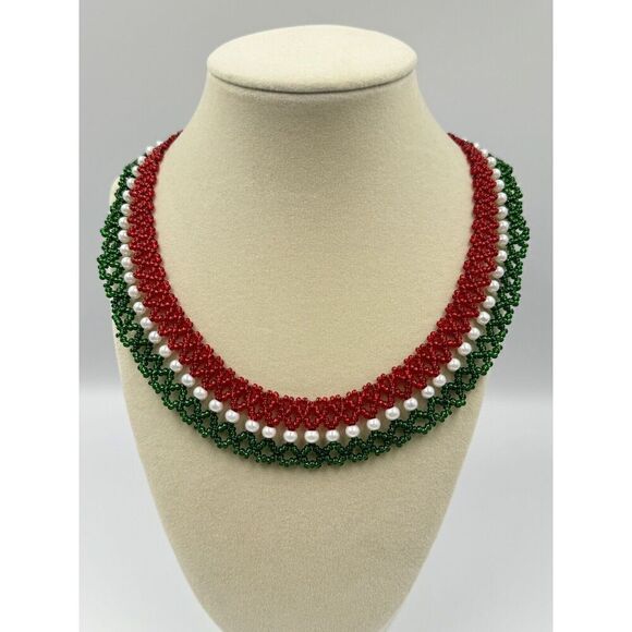 No Brand Jewelry - Vintage Christmas Holiday Seed Bead Bib Collar Drop Red Green Necklace Jewelry